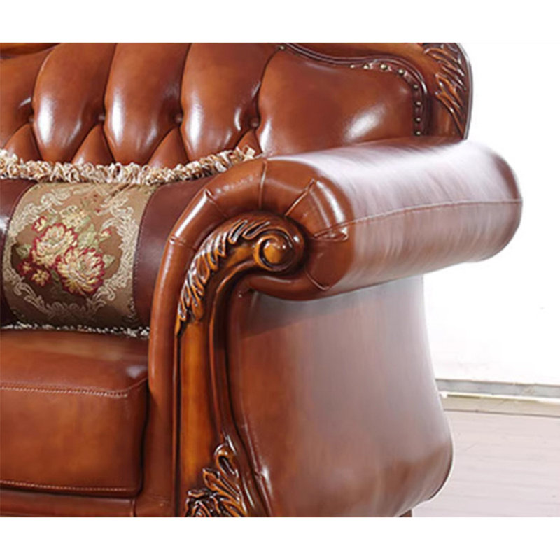 Romero Europeanstyle Living Room Carved Sofa. 84.6'' Genuine Leather